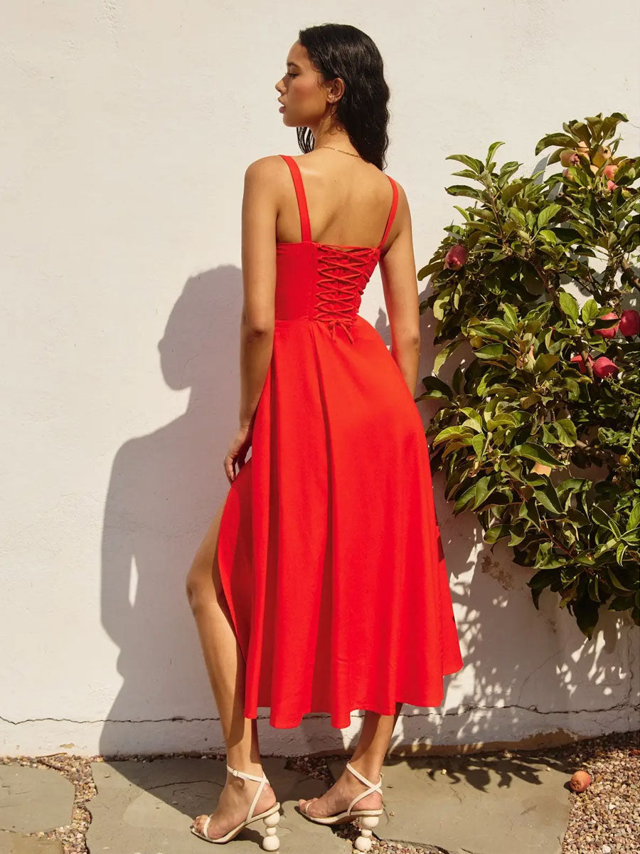 LINEN SWEETHEART DIPPED WAIST CORSET DRESS - RED DRESSES OAK CLOTHING CO.