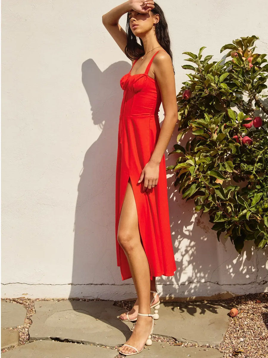 LINEN SWEETHEART DIPPED WAIST CORSET DRESS - RED DRESSES OAK CLOTHING CO.