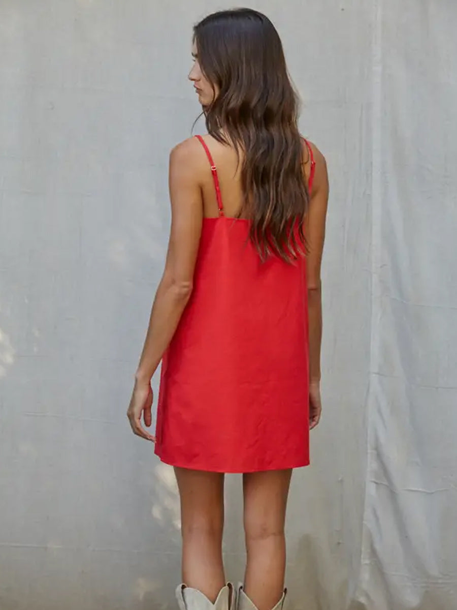 WOVEN COTTON LINEN BLEND SLEEVELESS MINI - RED DRESSES OAK CLOTHING CO.