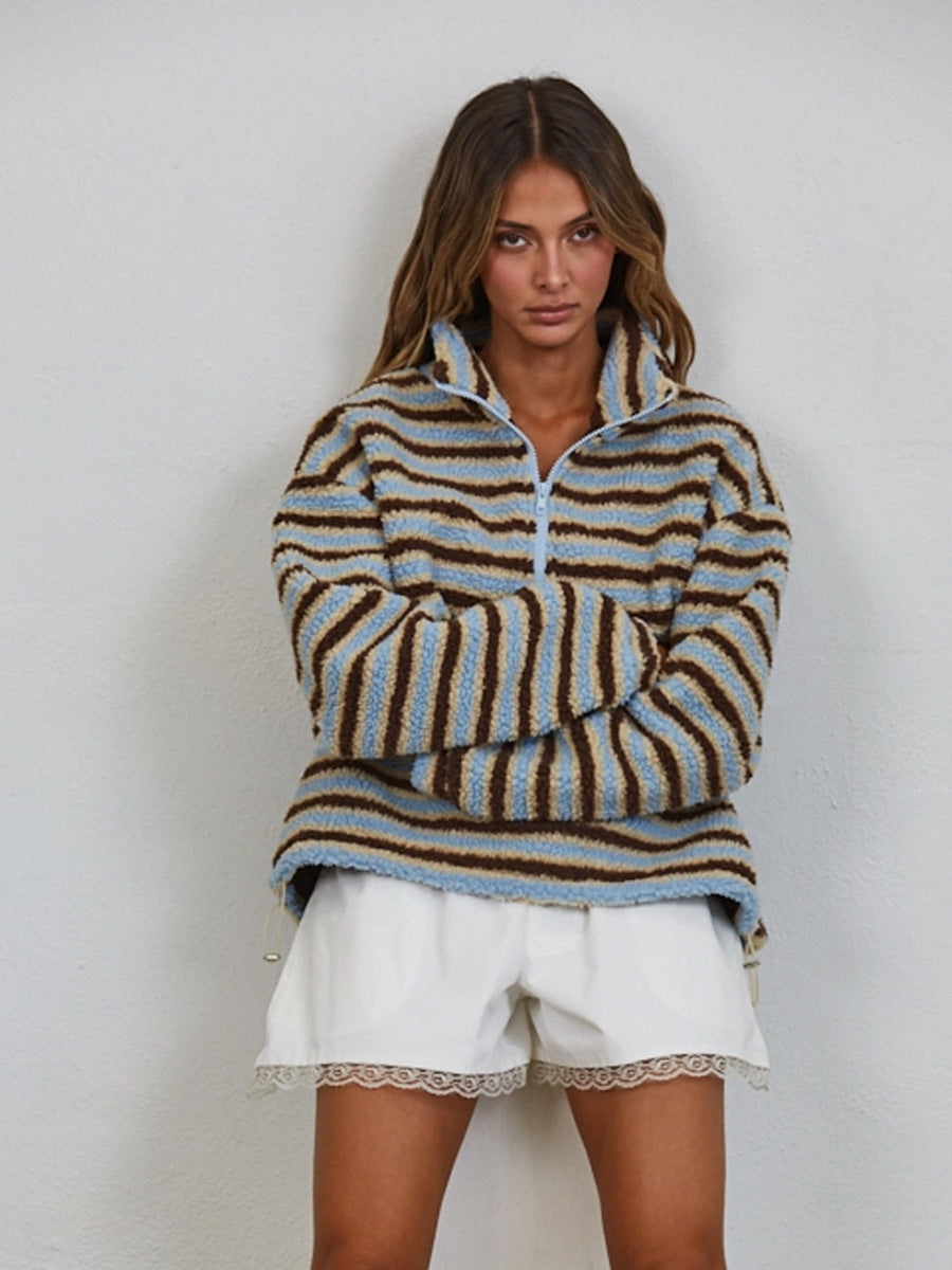 RELAXED SHERPA STRIPED HALF ZIP - BLUE / BROWN SWEATERS OAK CLOTHING CO.