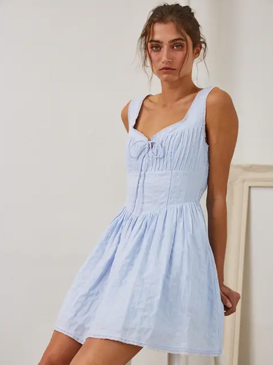 RIBBON FRONT PINTUCK MINI DRESS - BLUE DRESSES CREAMON