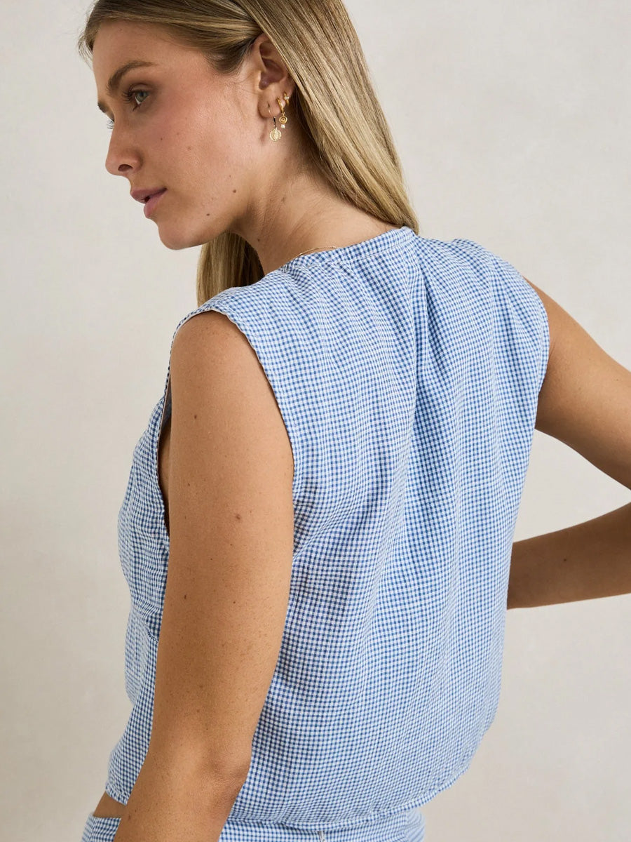 RHYTHM DEL RIO GATHERED TOP - BLUE CHECK BLOUSES RHYTHM