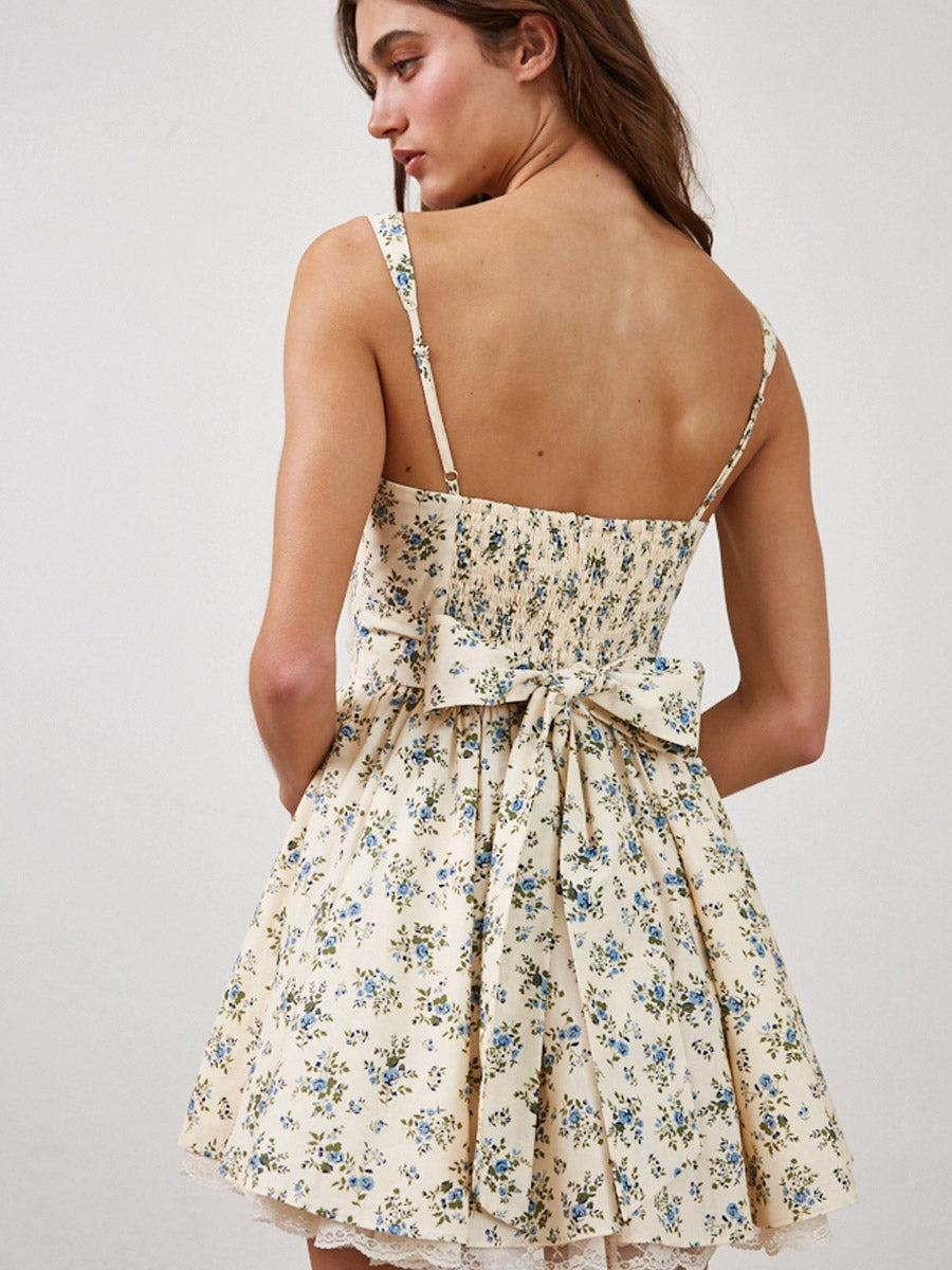 FLORAL COTTON CORSET LACE RUFFLE MINI DRESS - CREAM MULTI