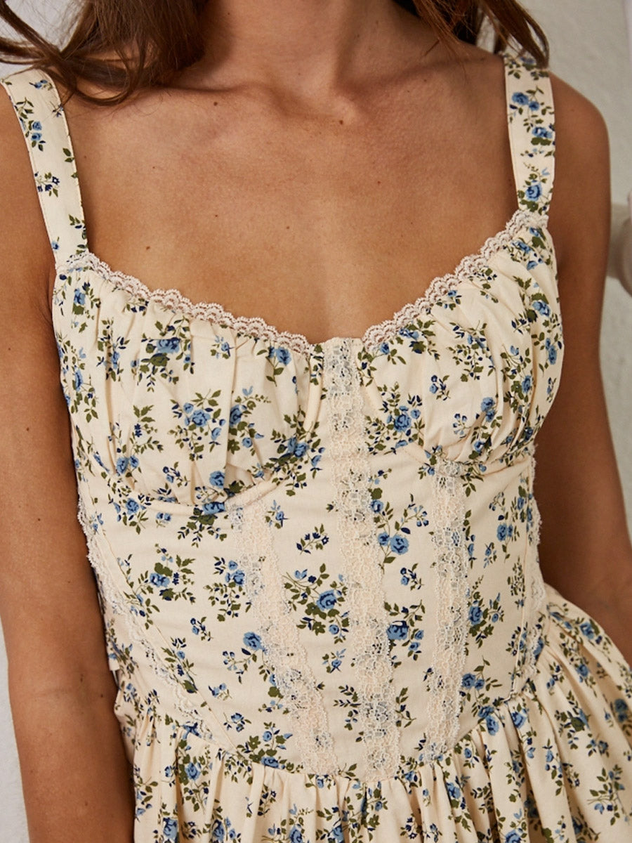 FLORAL COTTON CORSET LACE RUFFLE MINI DRESS - CREAM MULTI
