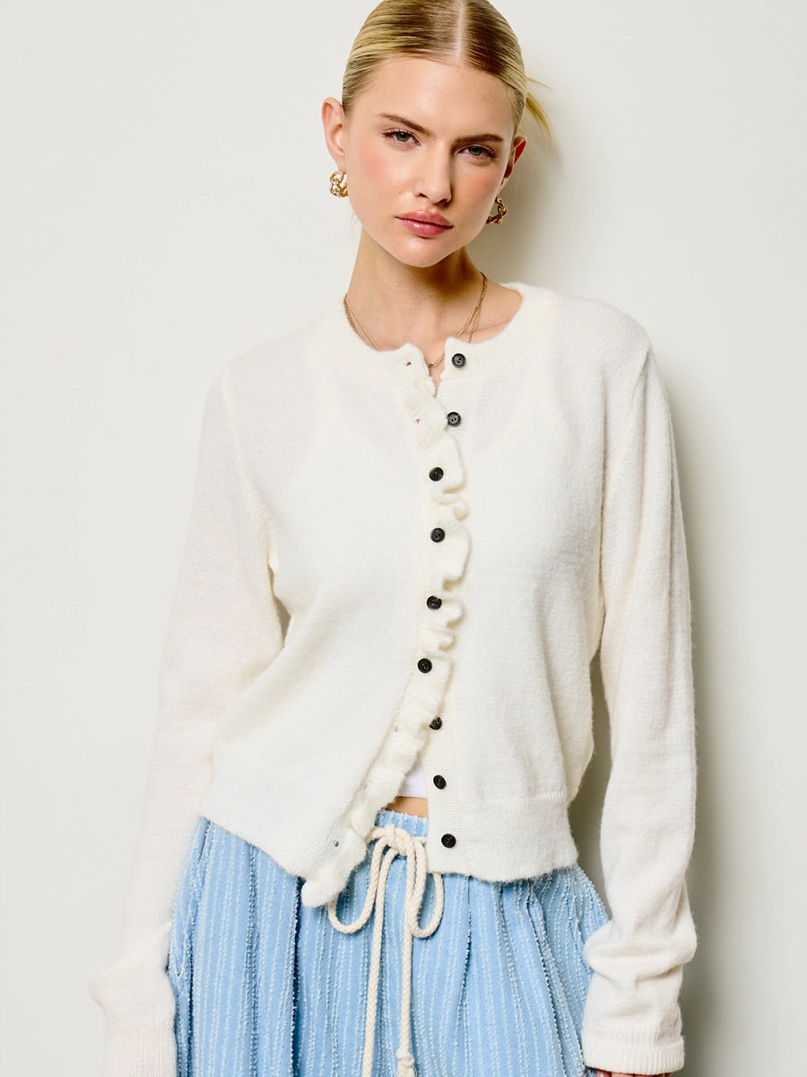 RUFFLE TRIM KNIT CARDIGAN - PORCELAIN