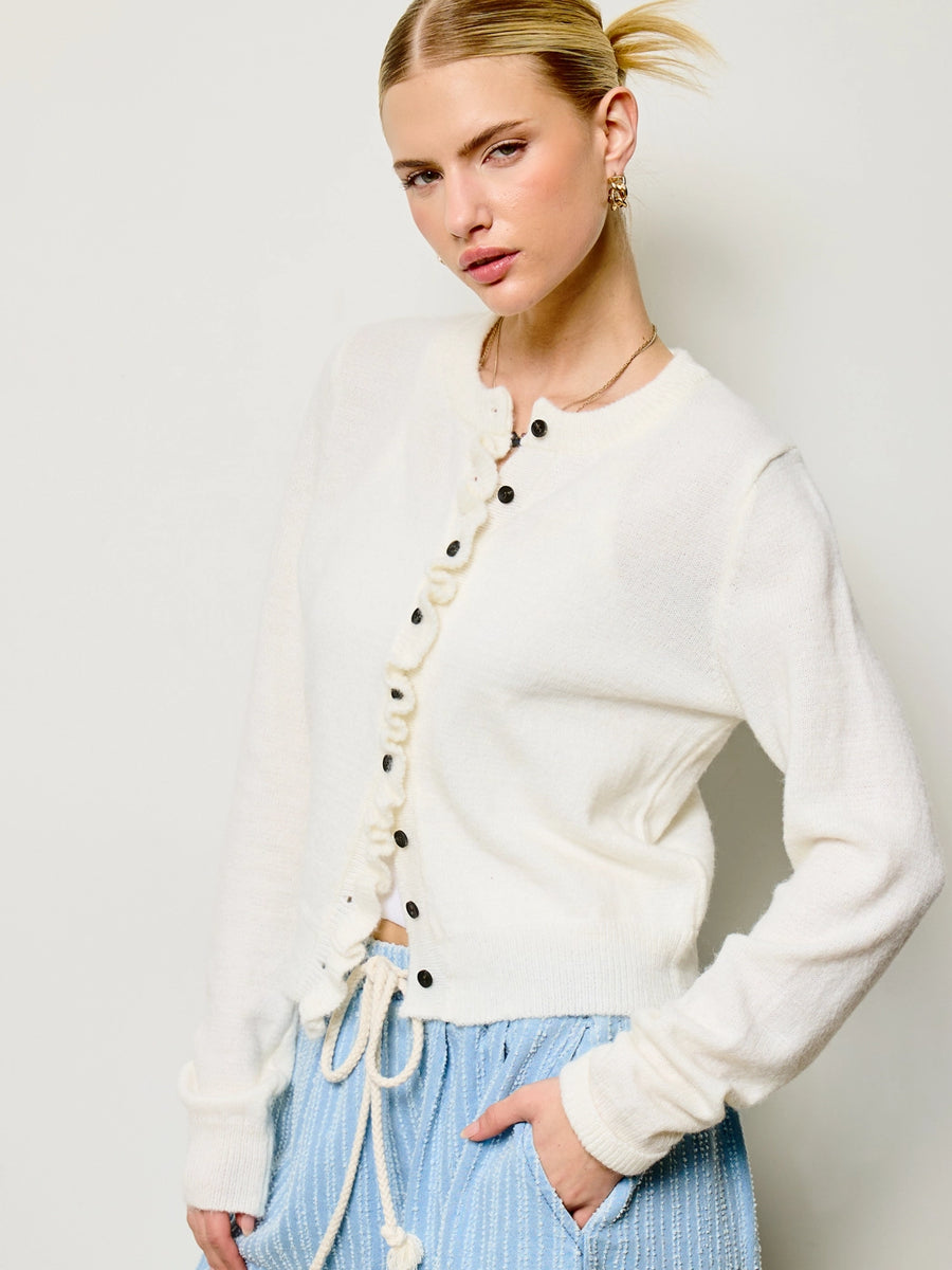 RUFFLE TRIM KNIT CARDIGAN - PORCELAIN