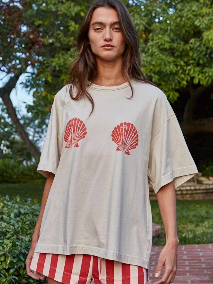 KNIT COTTON GRAPHIC SHELL PRINT CREW - LIGHT TAUPE T-SHIRTS OAK CLOTHING CO.