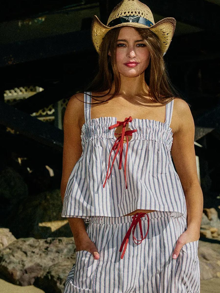 SELF TIE WOVEN STRIPE TANK TOP - WHITE/NAVY/RED TANK TOPS OAK CLOTHING CO.