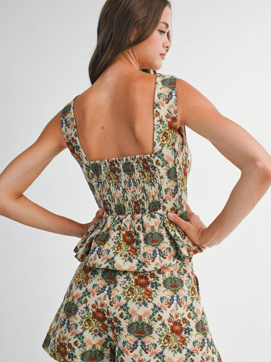 JACQUARD SQUARE NECK TOP - TAUPE/MULTI SHIRT -