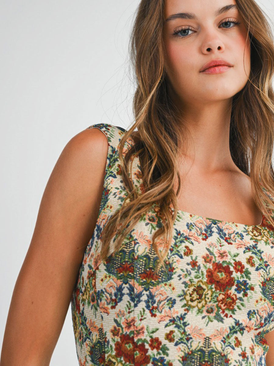 JACQUARD SQUARE NECK TOP - TAUPE/MULTI SHIRT -