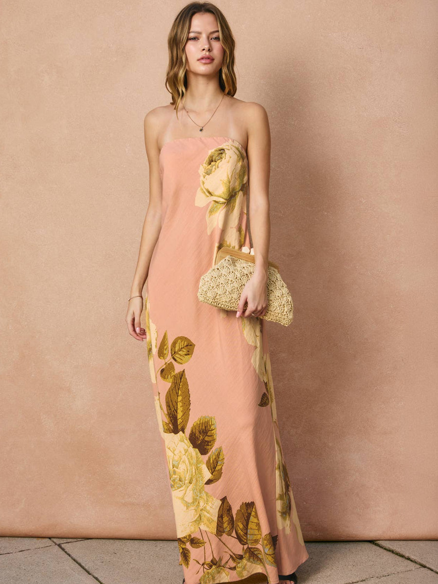 WHISPERS IN BLOOM STRAPLESS MAXI DRESS - ROSE DRESSES OAK CLOTHING CO.