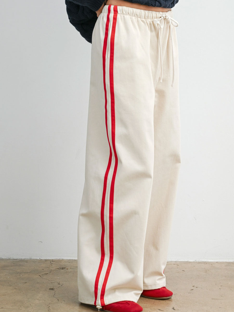 STRIPED WIDE LEG DRAWSTRING TRACK PANTS - IVORY RED PANTS OAK CLOTHING CO.