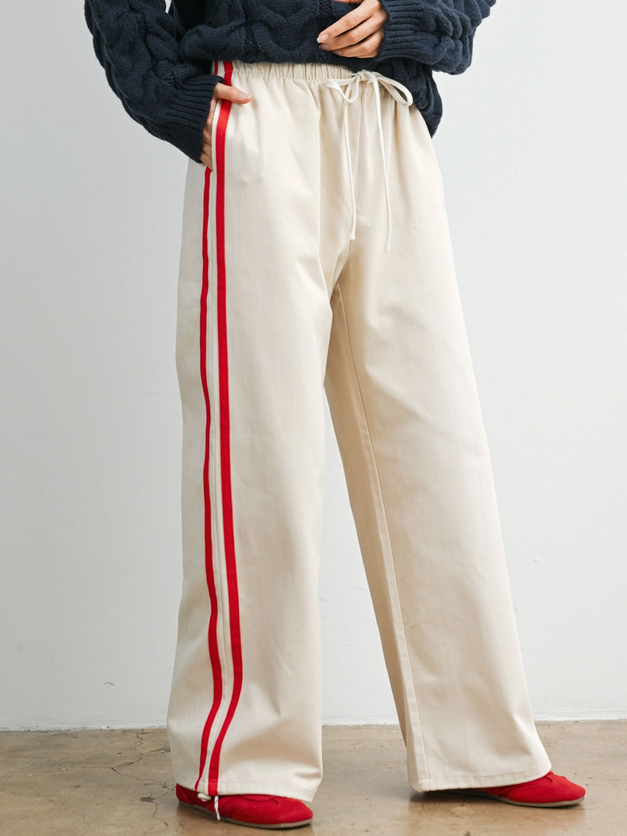 STRIPED WIDE LEG DRAWSTRING TRACK PANTS - IVORY RED PANTS OAK CLOTHING CO.