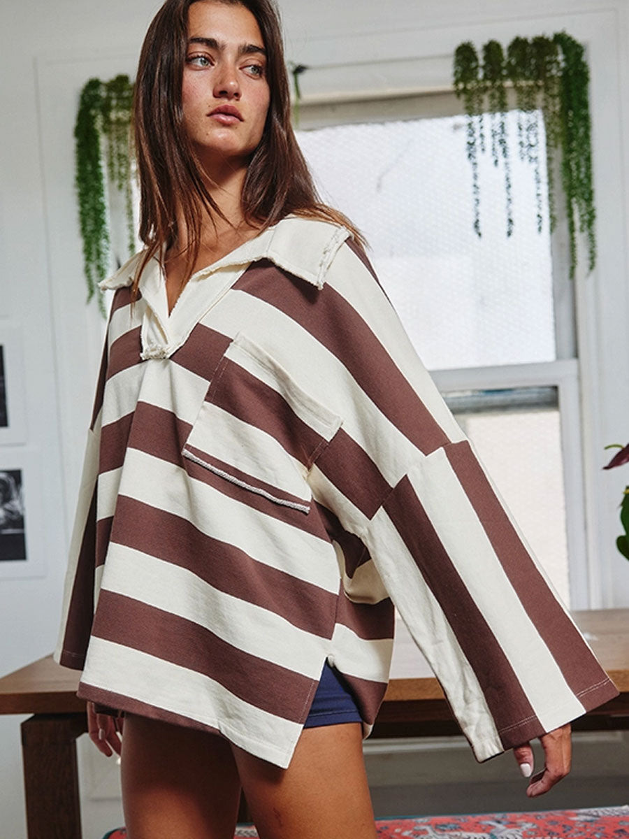 STRIPED BIG COLLARED PULLOVER SWEATSHIRT - BROWN/CREAM SWEATERS OAK CLOTHING CO.