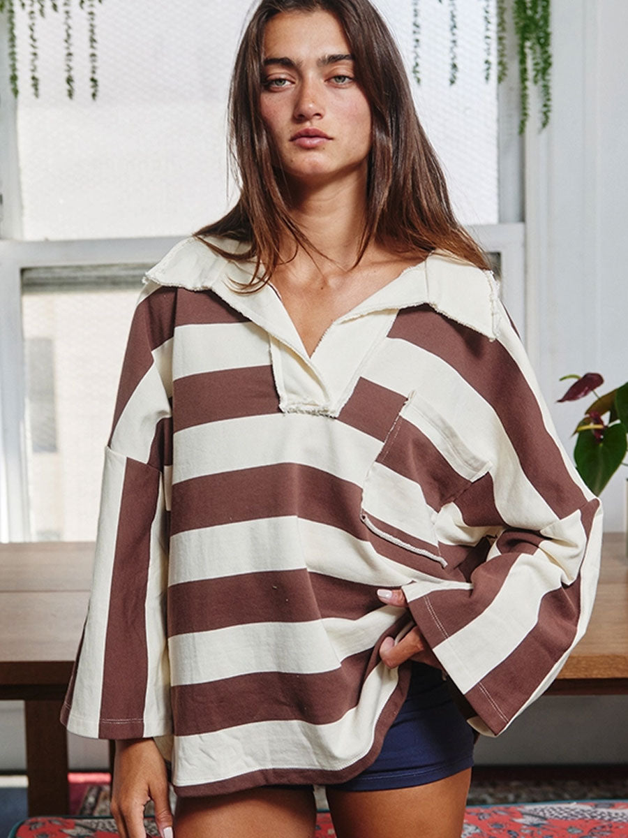 STRIPED BIG COLLARED PULLOVER SWEATSHIRT - BROWN/CREAM SWEATERS OAK CLOTHING CO.