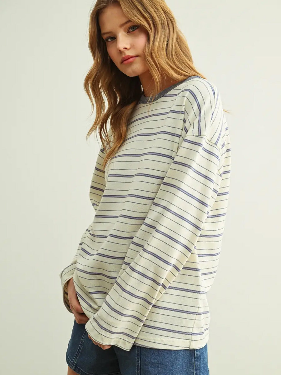 STRIPED PRINT LONG-SLEEVE ROUND NECK TOP - BLUE