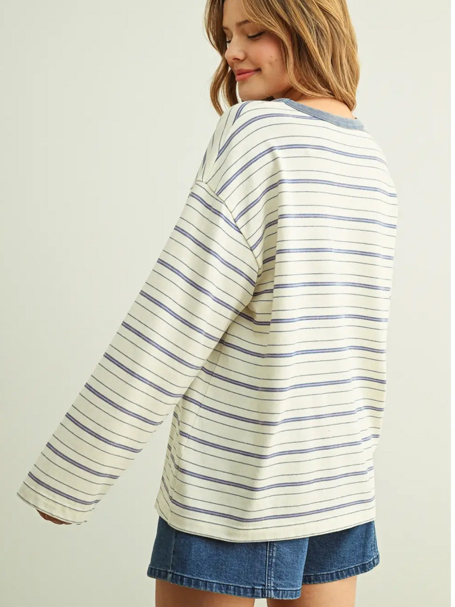 STRIPED PRINT LONG-SLEEVE ROUND NECK TOP - BLUE