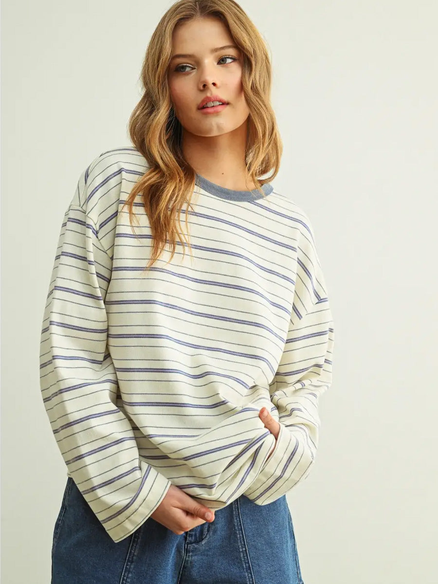 STRIPED PRINT LONG-SLEEVE ROUND NECK TOP - BLUE