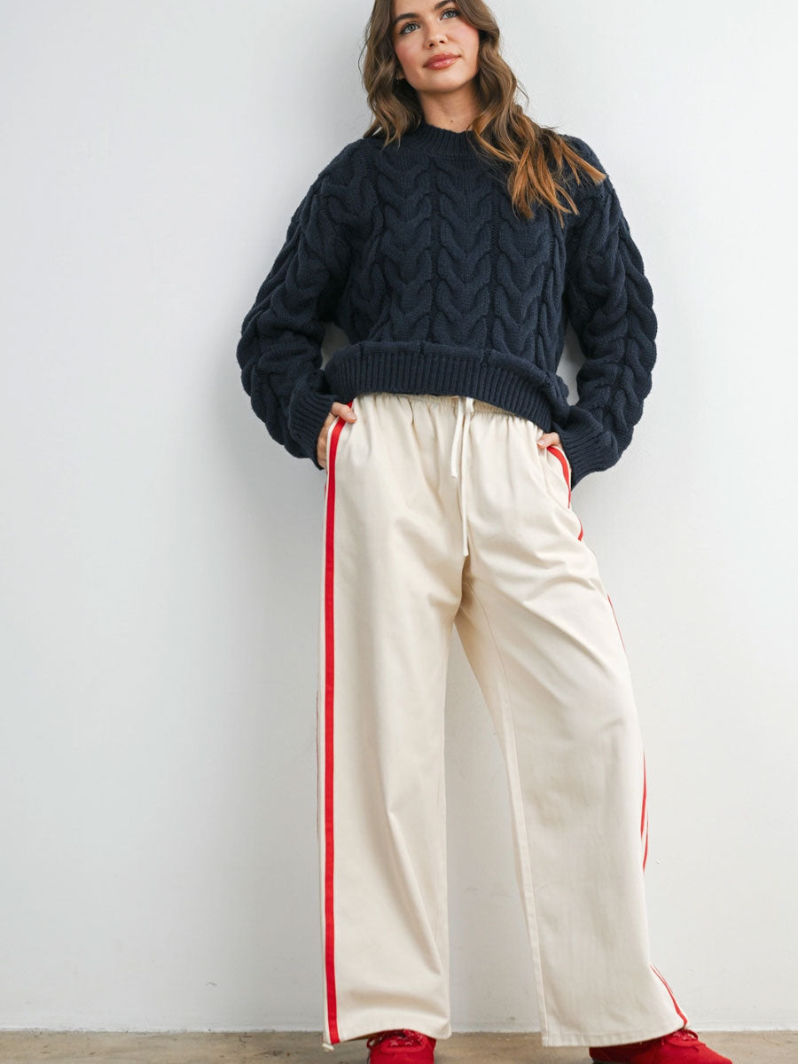 STRIPED WIDE LEG DRAWSTRING TRACK PANTS - IVORY RED PANTS OAK CLOTHING CO.