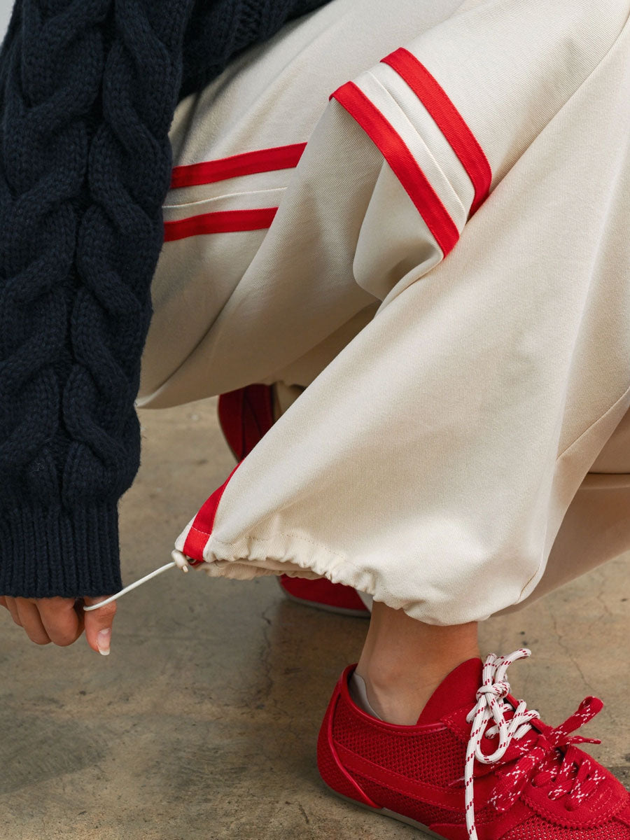 STRIPED WIDE LEG DRAWSTRING TRACK PANTS - IVORY RED PANTS OAK CLOTHING CO.