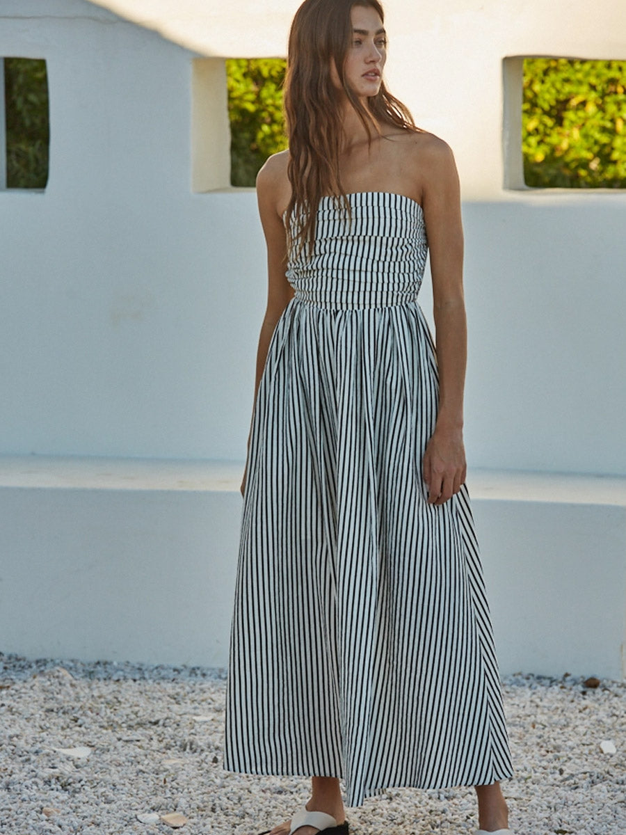 STRIPED STRAPLESS FLARE MAXI DRESS - OFF WHITE