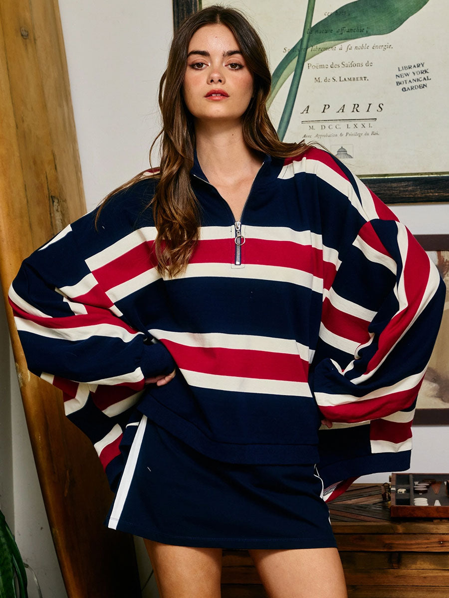 STRIPED HALF-ZIP SPORTY PULLOVER - NAVY MULTI SWEATERS OAK CLOTHING CO.