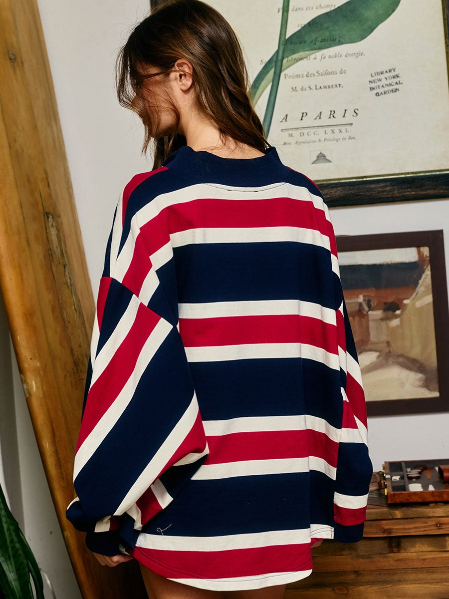 STRIPED HALF-ZIP SPORTY PULLOVER - NAVY MULTI SWEATERS OAK CLOTHING CO.