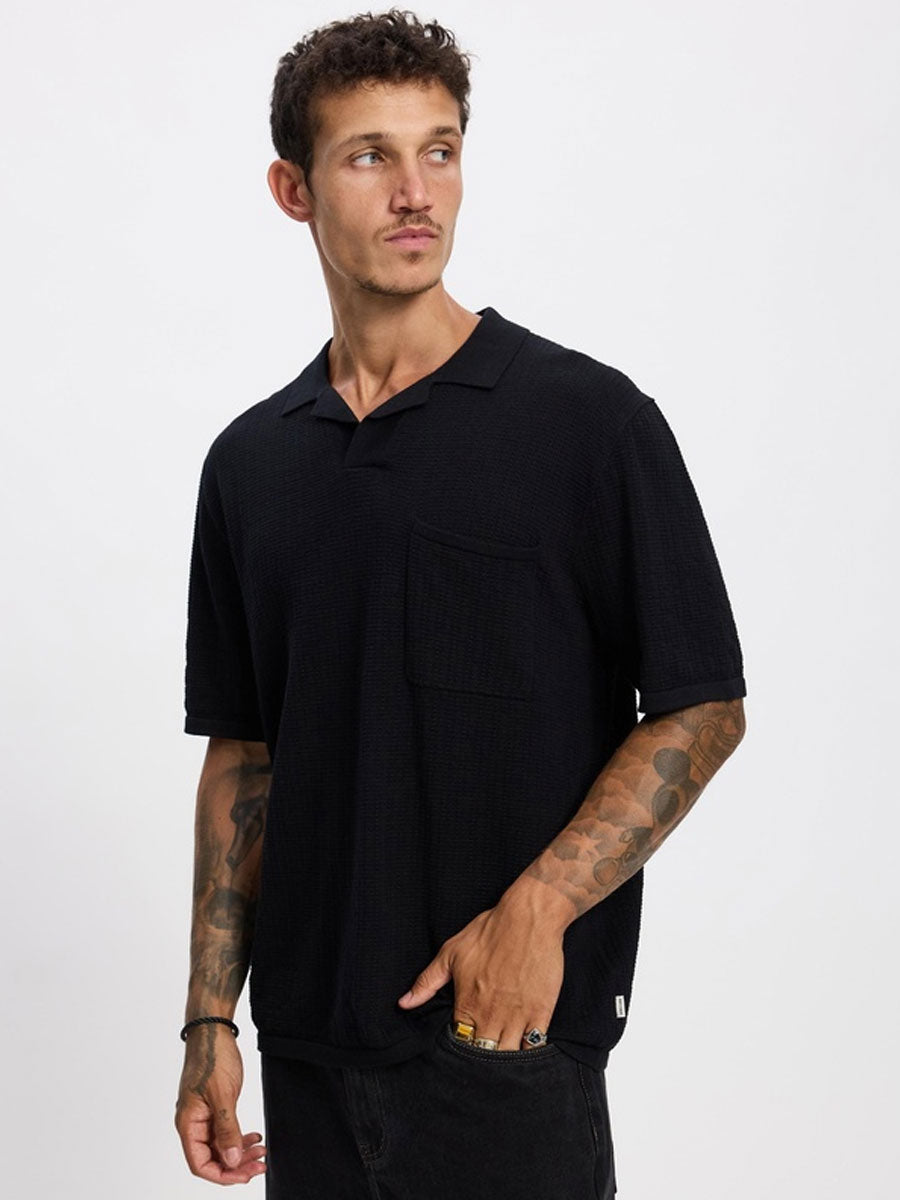 TEXTURED KNIT WHIP STITCH POLO - BLACK T-SHIRTS -