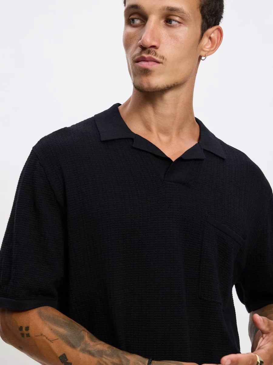 TEXTURED KNIT WHIP STITCH POLO - BLACK T-SHIRTS -