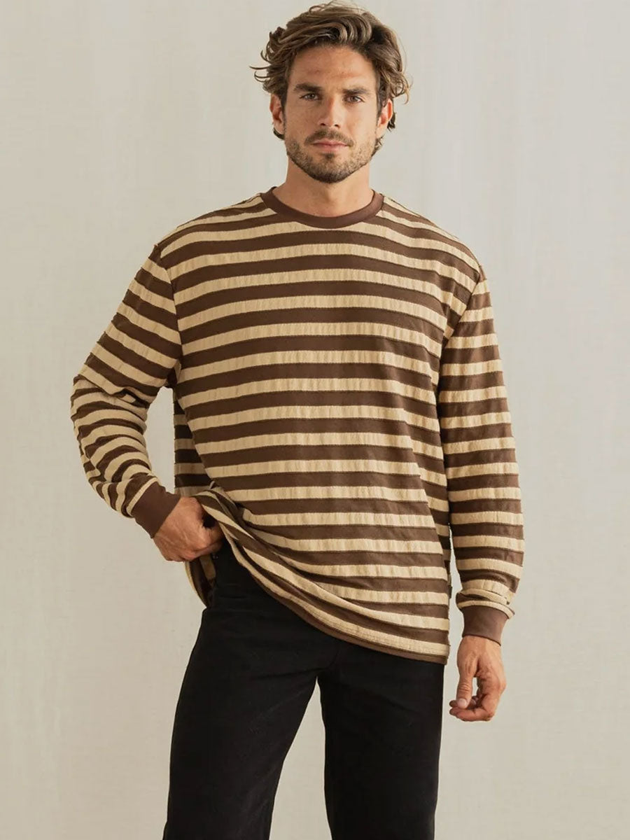 TEXTURED STRIPE LONG-SLEEVE T-SHIRT - BROWN T-SHIRTS -