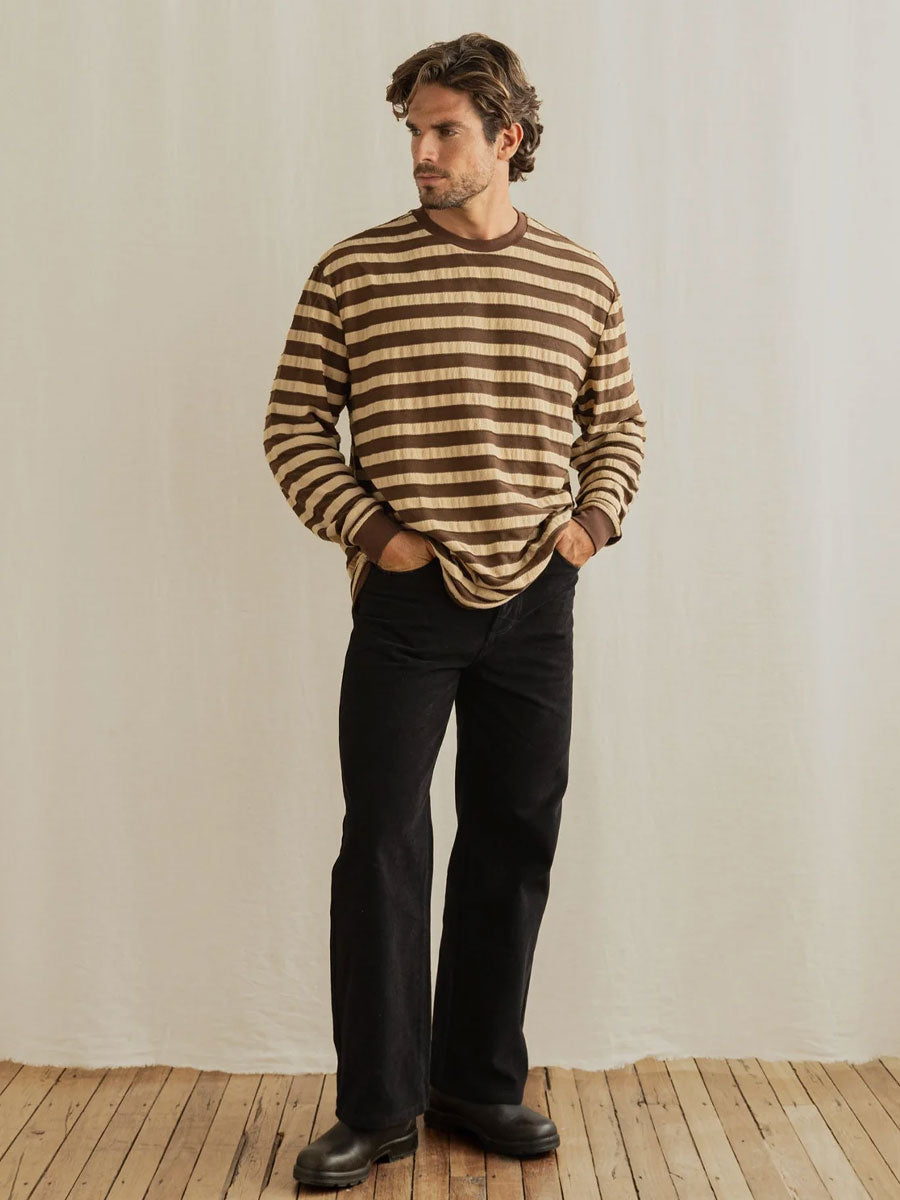 TEXTURED STRIPE LONG-SLEEVE T-SHIRT - BROWN T-SHIRTS -