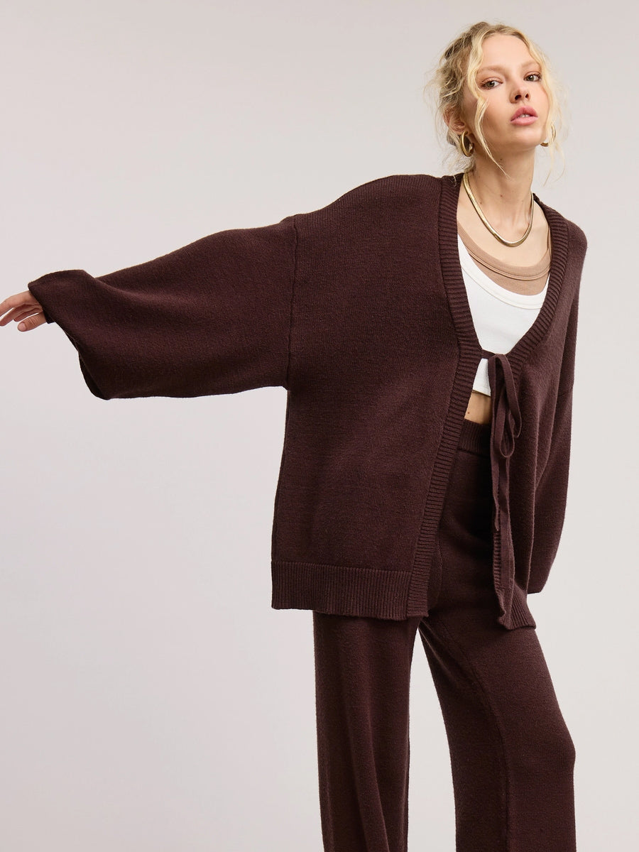 TIE FRONT CARDIGAN - CHOCOLATE