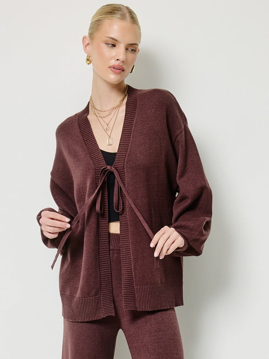TIE FRONT CARDIGAN - CHOCOLATE