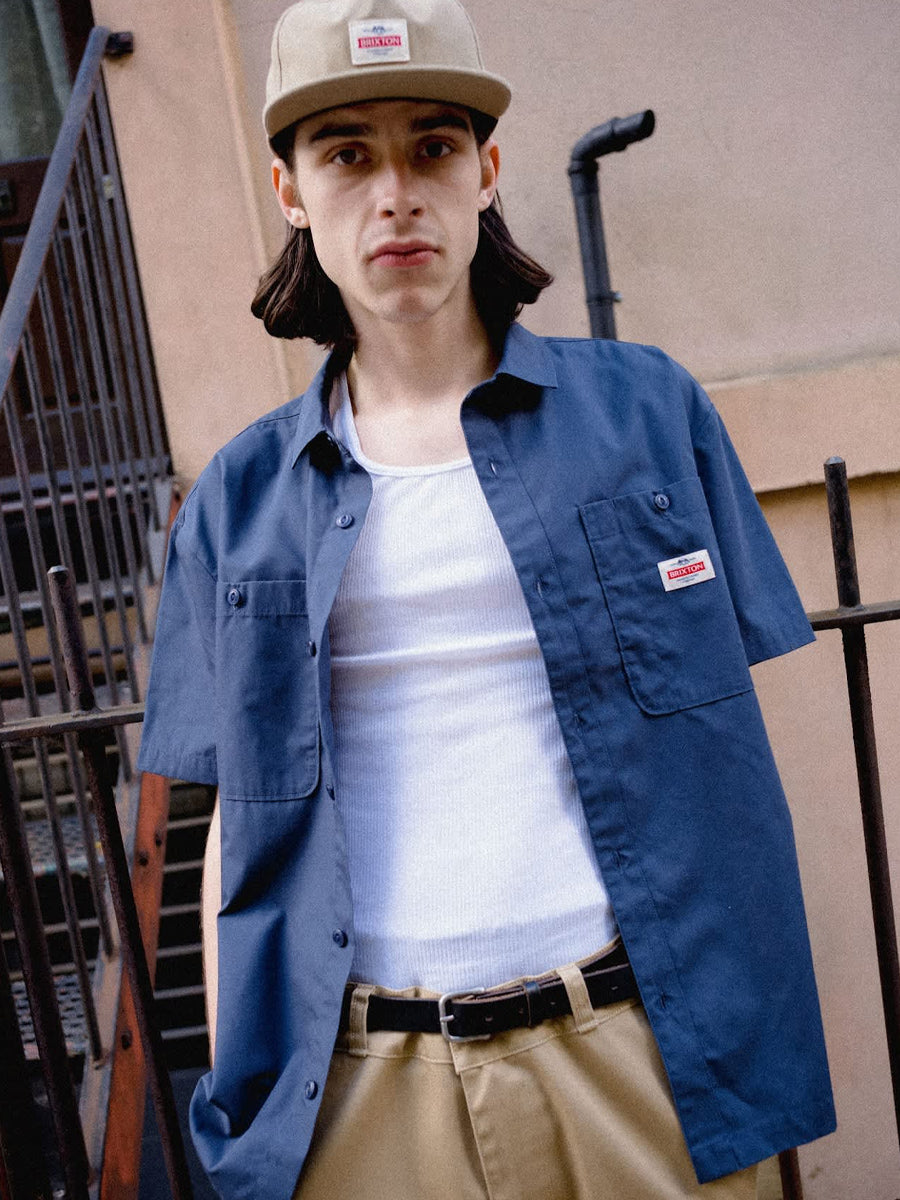 BRIXTON TRADEMARK WOVEN SHORT-SLEEVE SHIRT - WASHED NAVY