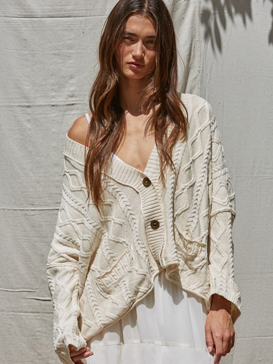 V-NECK OVERSIZED KNIT SWEATER - NATURAL SWEATER -