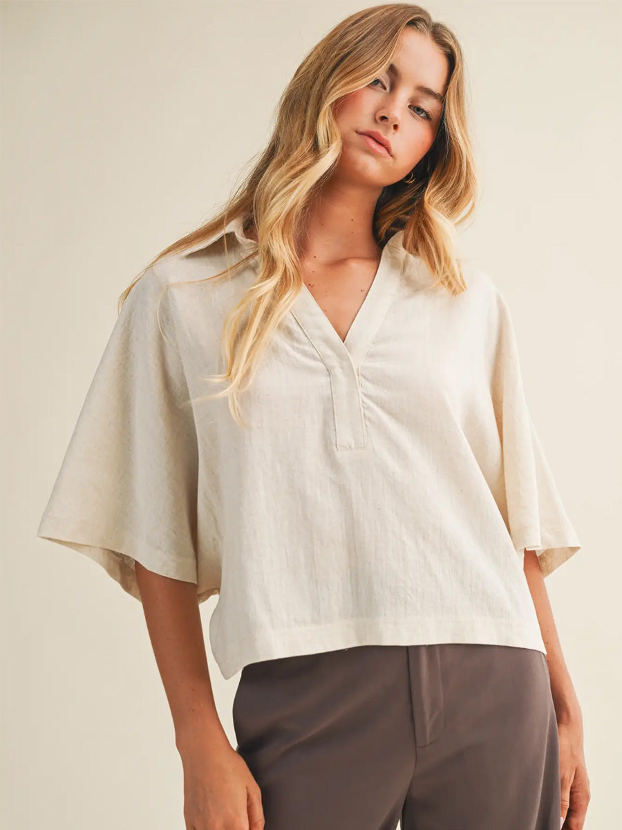 OVERSIZED POPOVER OPEN COLLAR TOP - LINEN SHIRTS OAK CLOTHING CO.