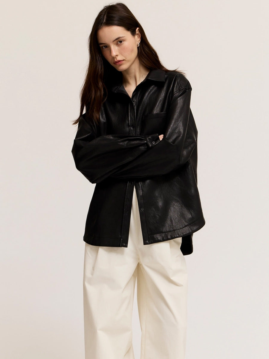 VEGAN LEATHER OVERSIZED SHIRT - BLACK SHIRTS OAK CLOTHING CO.