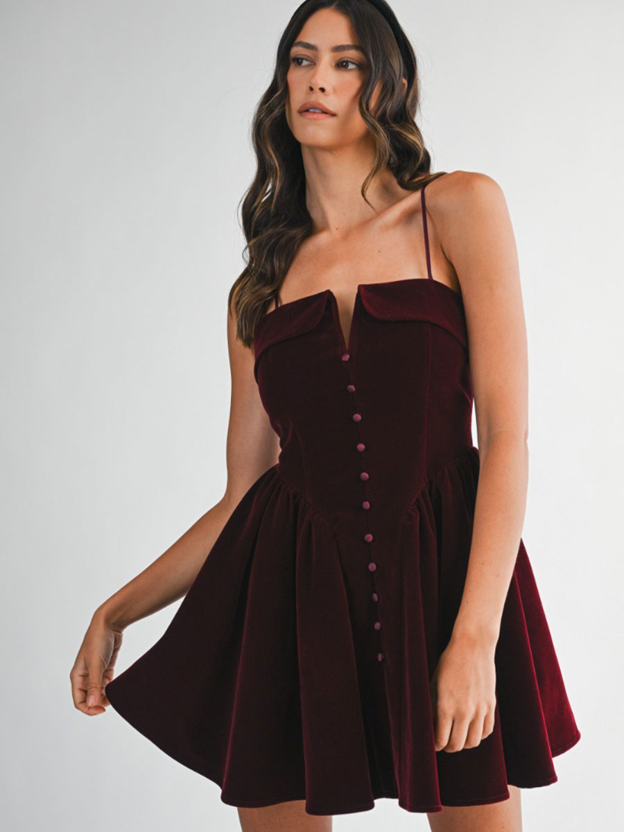 VELVET BUSTIER MINI DRESS - WINE DRESS -