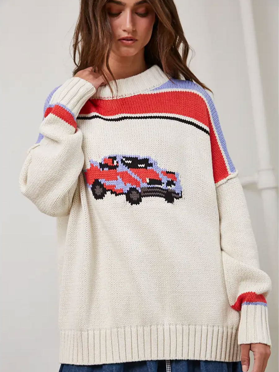 VINTAGE CAR INTARSIA KNIT PULLOVER - OATMEAL
