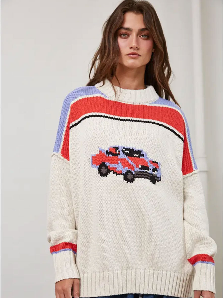 VINTAGE CAR INTARSIA KNIT PULLOVER - OATMEAL