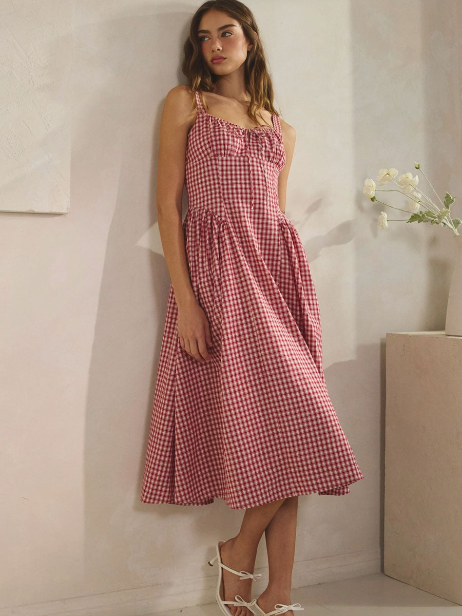 VIVIEN CHECK TIE FRONT MIDI DRESS - RED DRESSES -