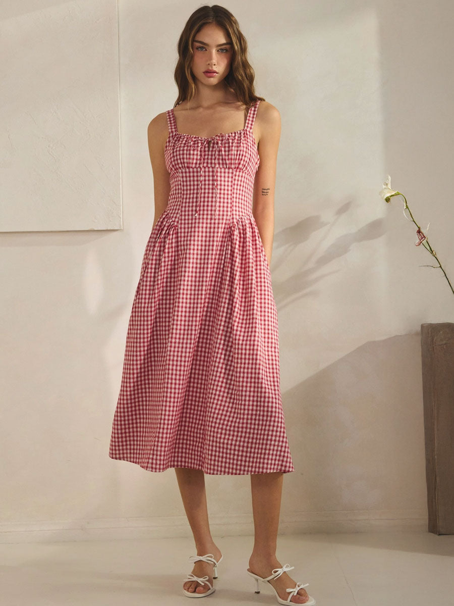 VIVIEN CHECK TIE FRONT MIDI DRESS - RED DRESSES -