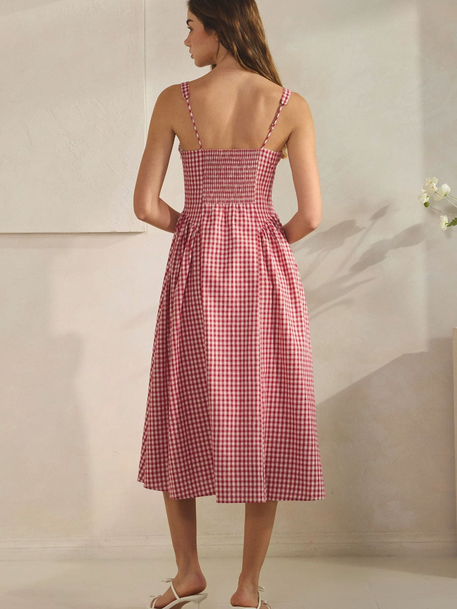 VIVIEN CHECK TIE FRONT MIDI DRESS - RED DRESSES -