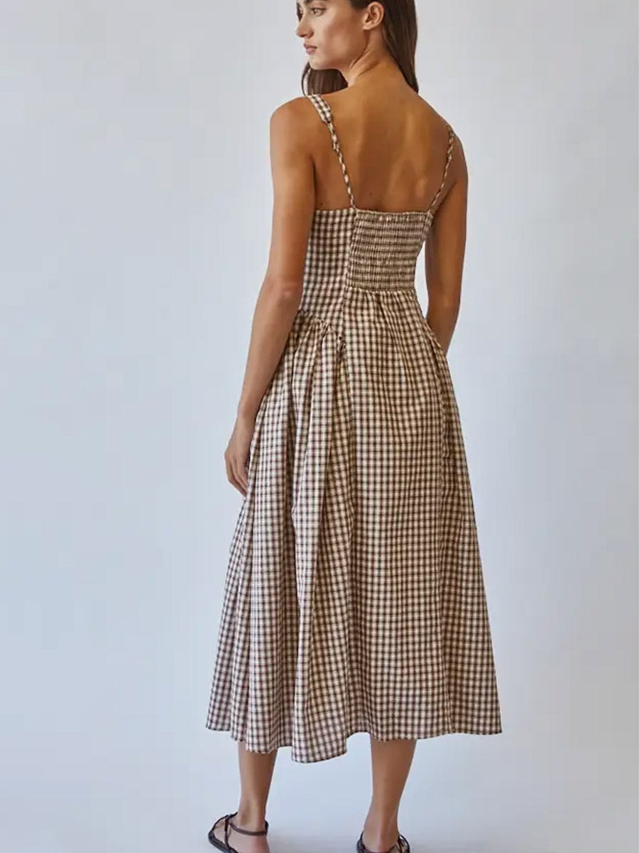 VIVIEN CHECK TIE FRONT MIDI DRESS - BROWN