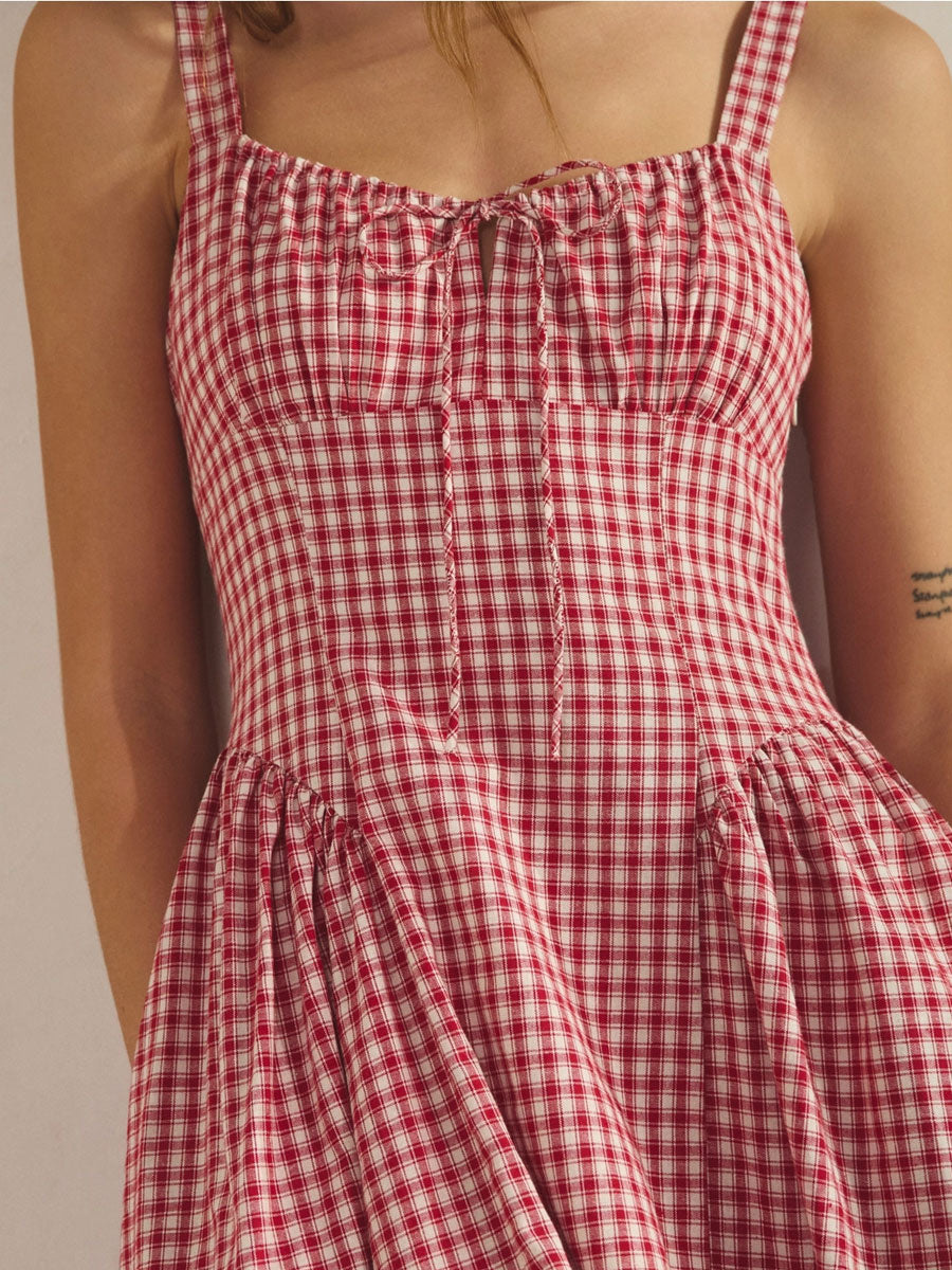 VIVIEN CHECK TIE FRONT MIDI DRESS - RED DRESSES -