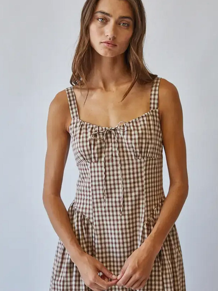 VIVIEN CHECK TIE FRONT MIDI DRESS - BROWN