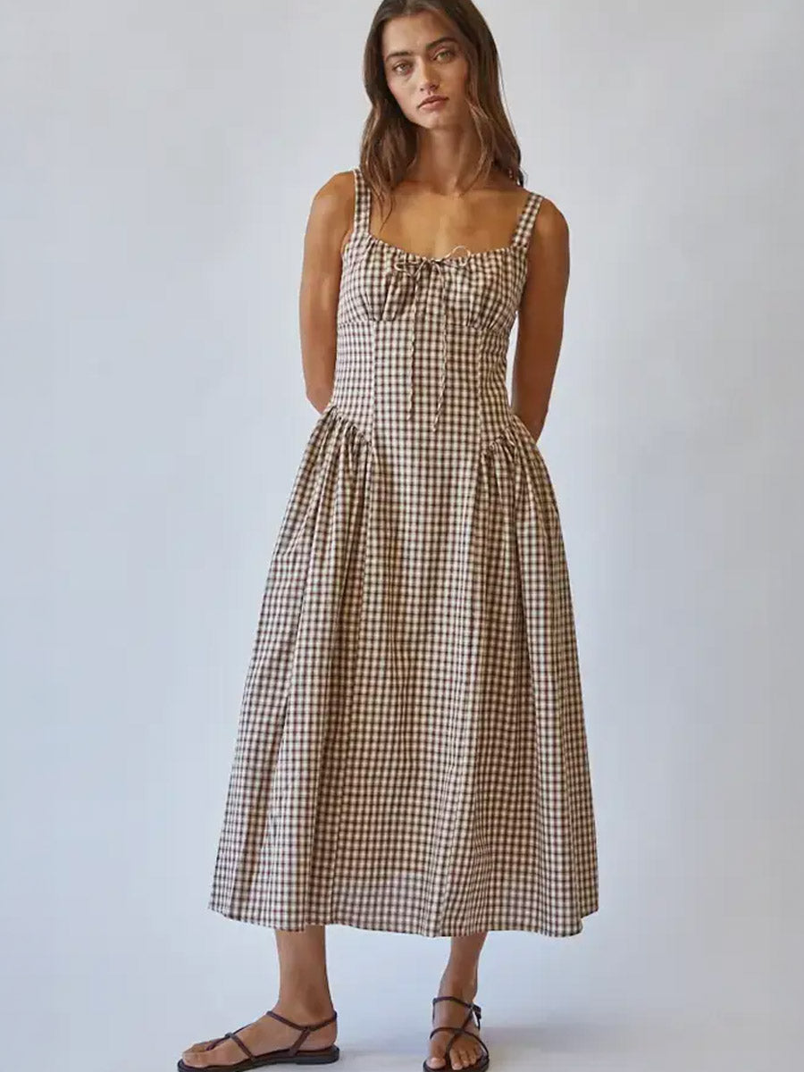 VIVIEN CHECK TIE FRONT MIDI DRESS | BROWN