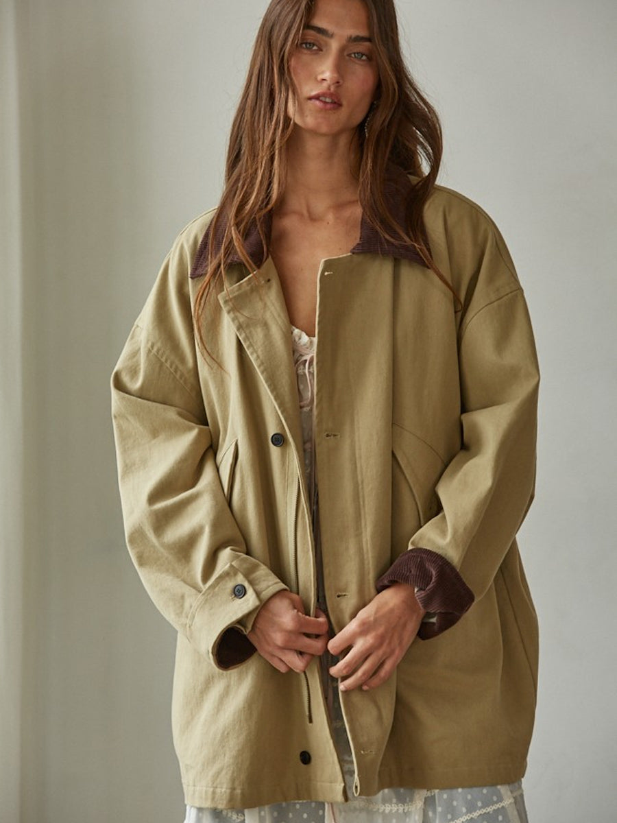 COTTON CORDUROY CONTRAST UTILITY JACKET - KHAKI JACKET -