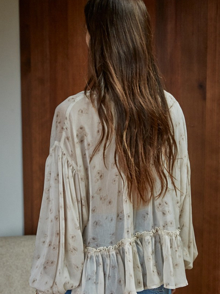 WOVEN POLYESTER CHIFFON FLORAL BLOUSE - LIGHT BEIGE TOP -