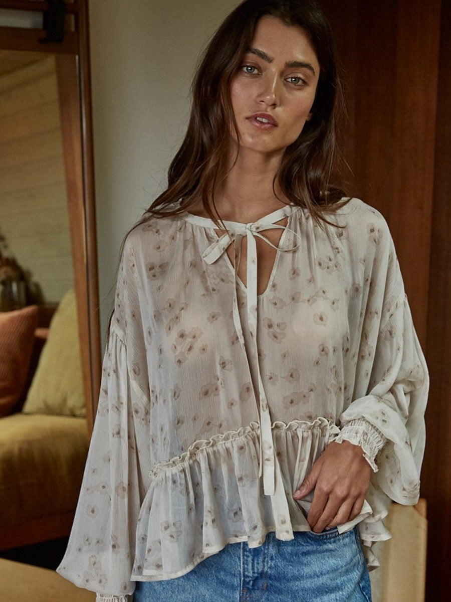 WOVEN POLYESTER CHIFFON FLORAL BLOUSE - LIGHT BEIGE TOP -